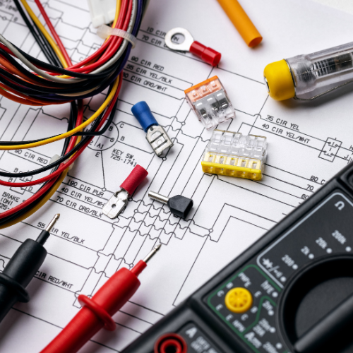 Electrical supplies spread across a sheet.